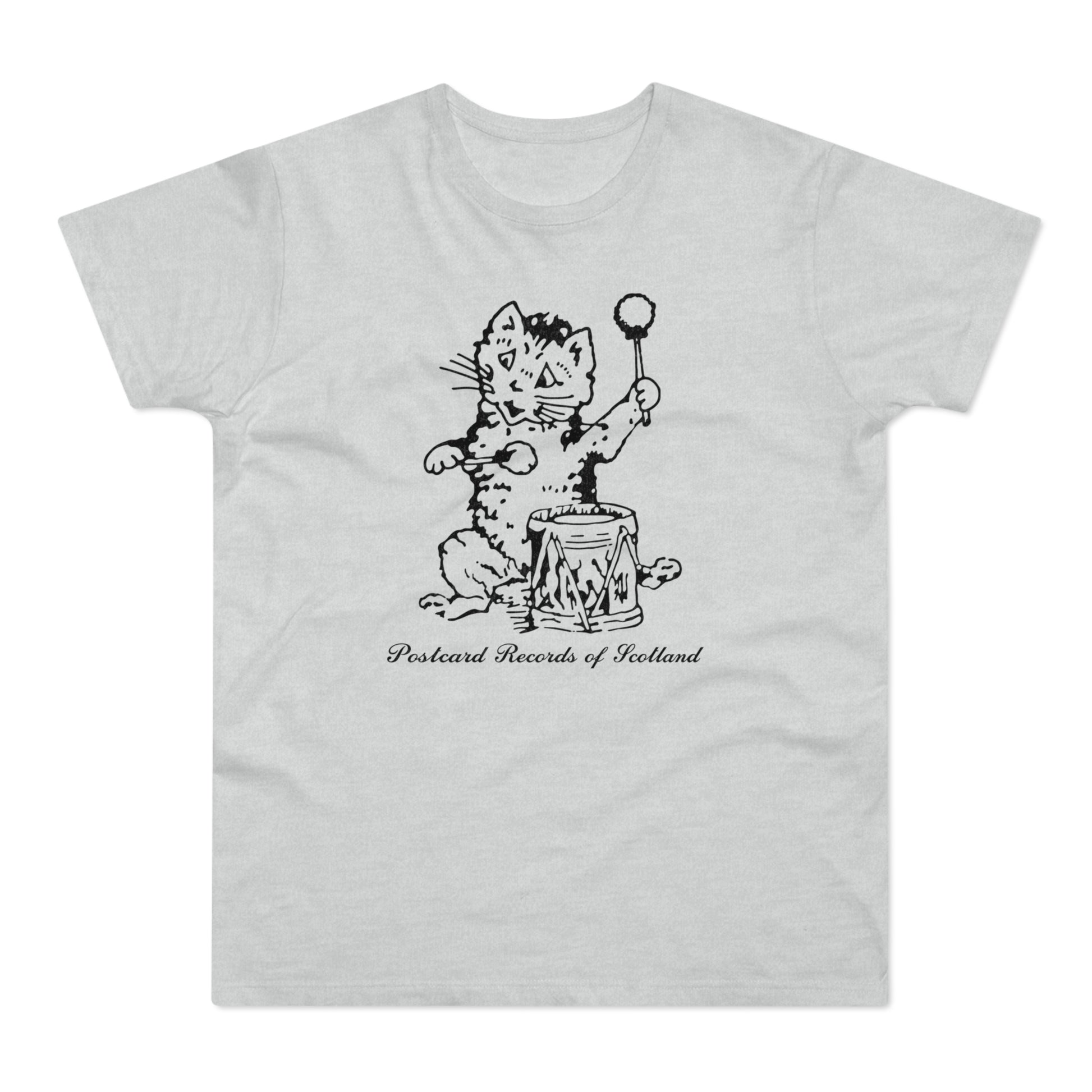 Line drawing of a cat playing a drum with text "Postcard Records of Scotland".
