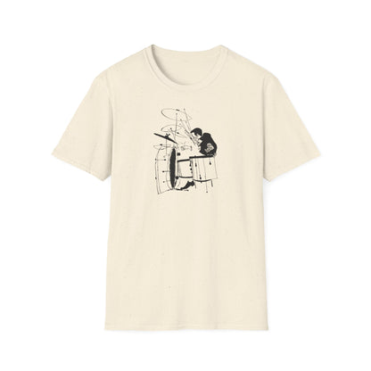 Cream t-shirt with a black line drawing of a drummer and drum set.