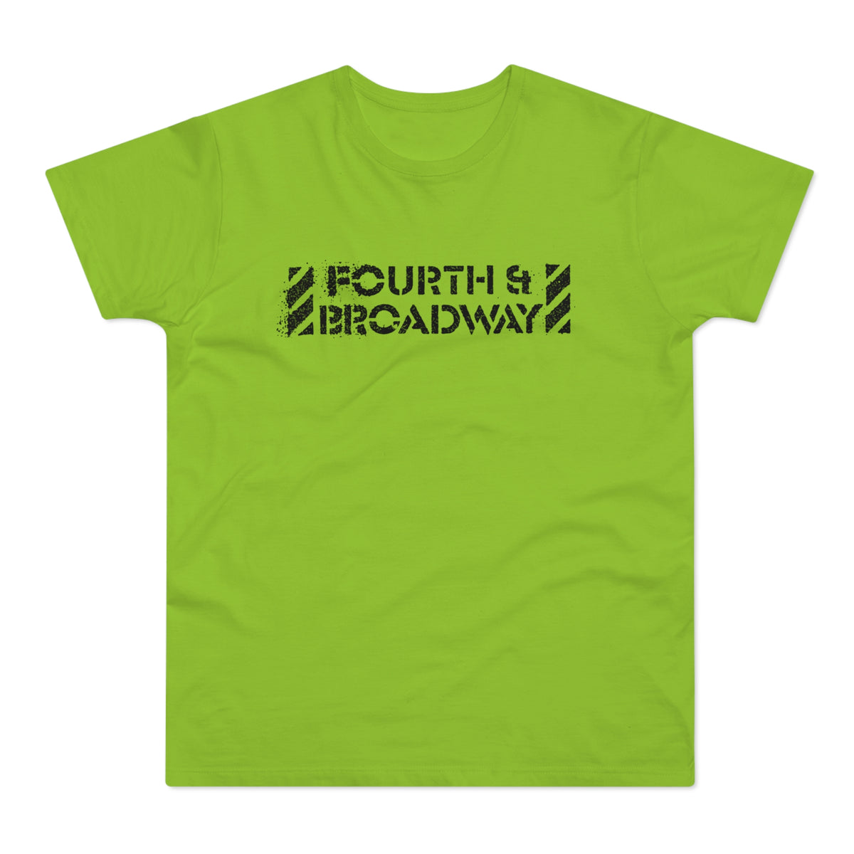 Lime green t-shirt with distressed black "FOURTH & BROADWAY" text graphic.
