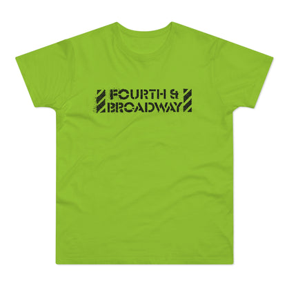Lime green t-shirt with distressed black "FOURTH & BROADWAY" text graphic.