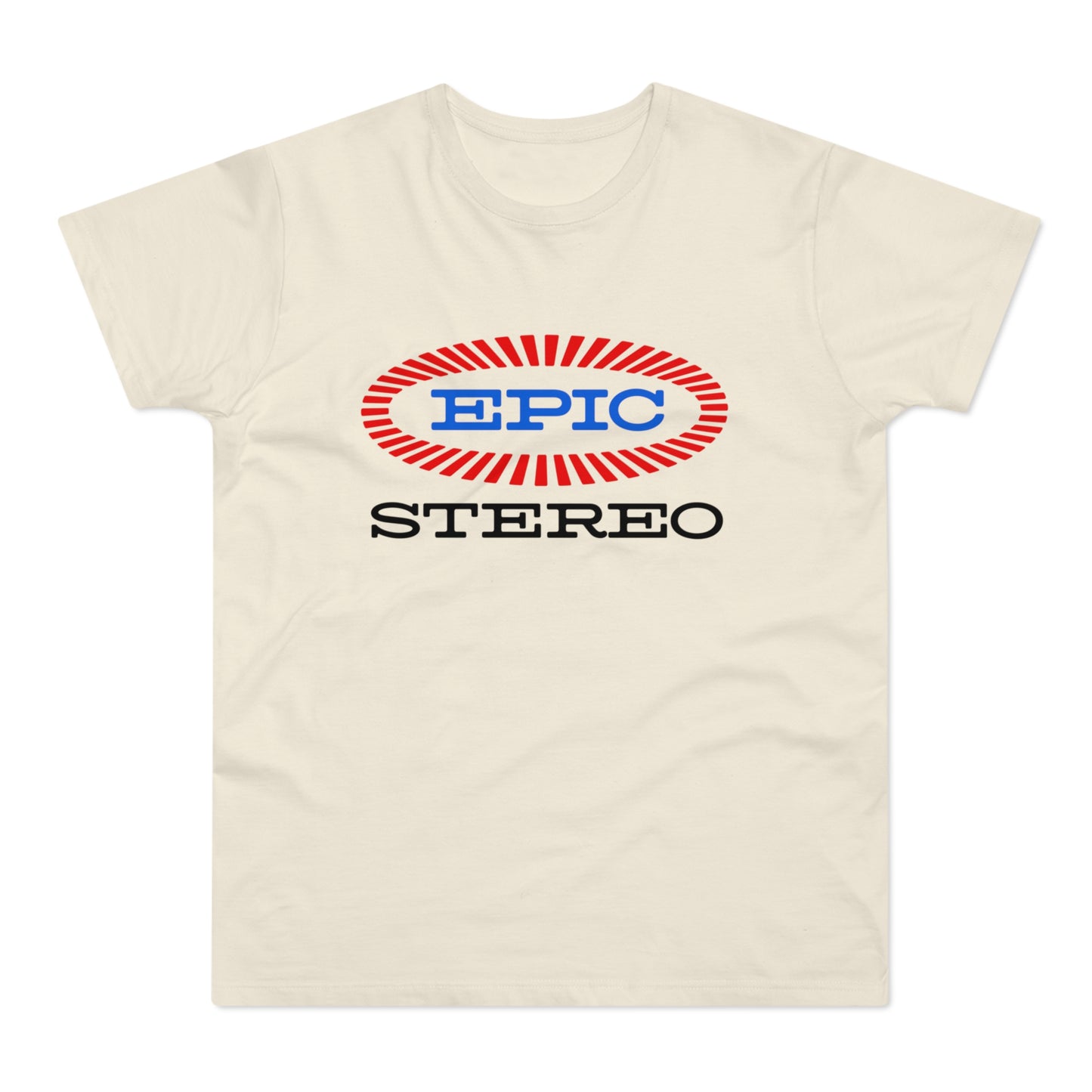 Cream t-shirt with blue "EPIC" and red rays inside an oval, above black "STEREO" text.