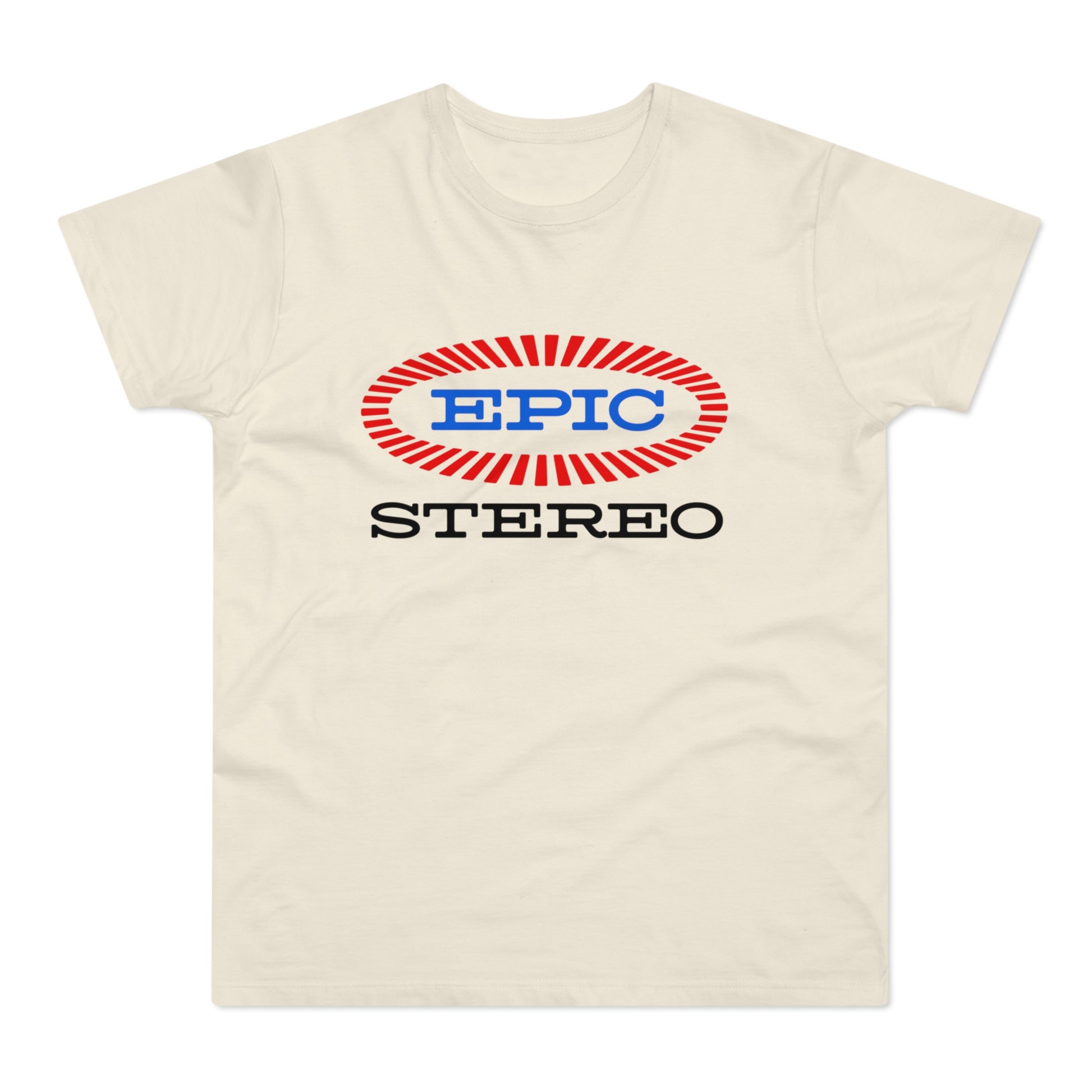 Cream t-shirt with blue "EPIC" and red rays inside an oval, above black "STEREO" text.