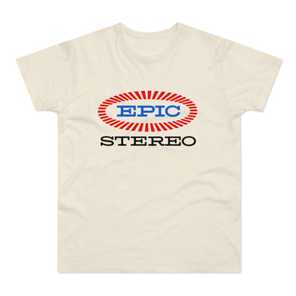Cream t-shirt with blue "EPIC" and red rays inside an oval, above black "STEREO" text.