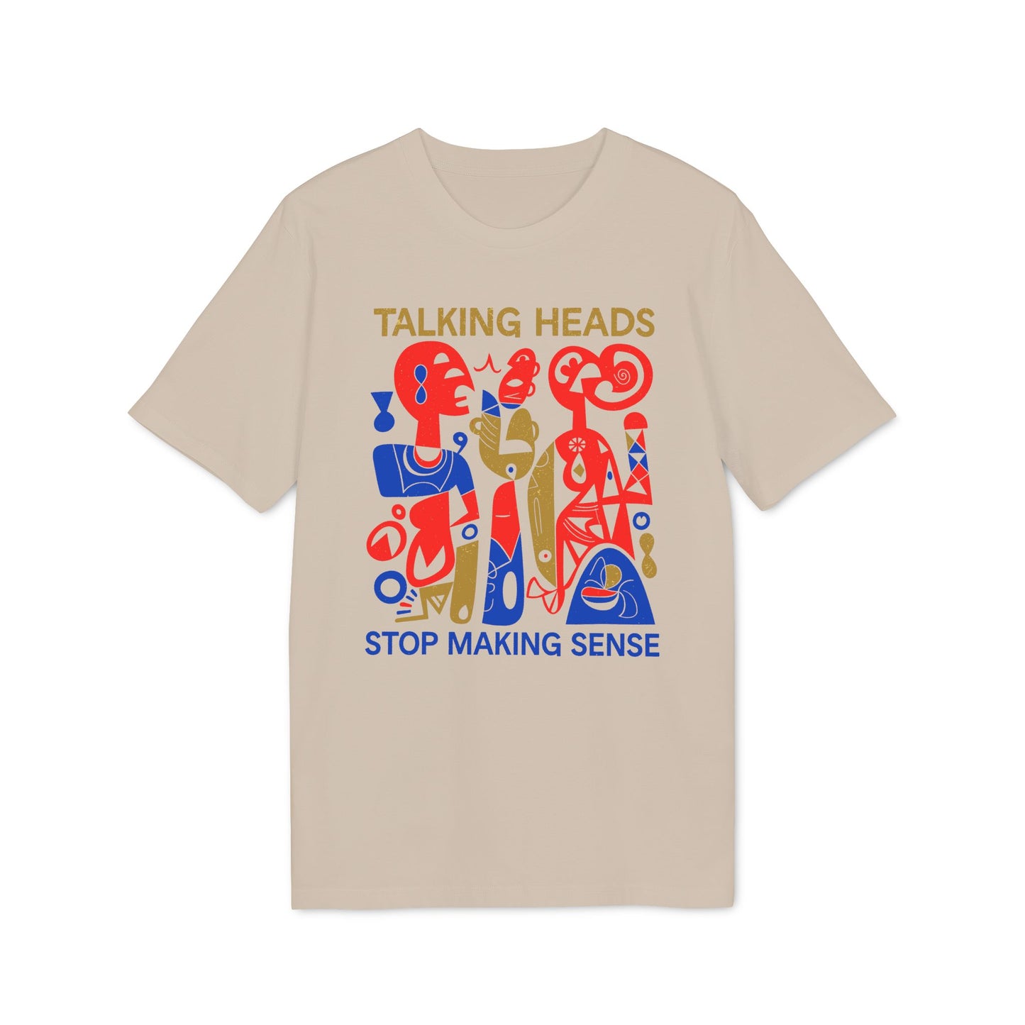 Talking Heads Stop Making Sense graphic on a light beige t-shirt.