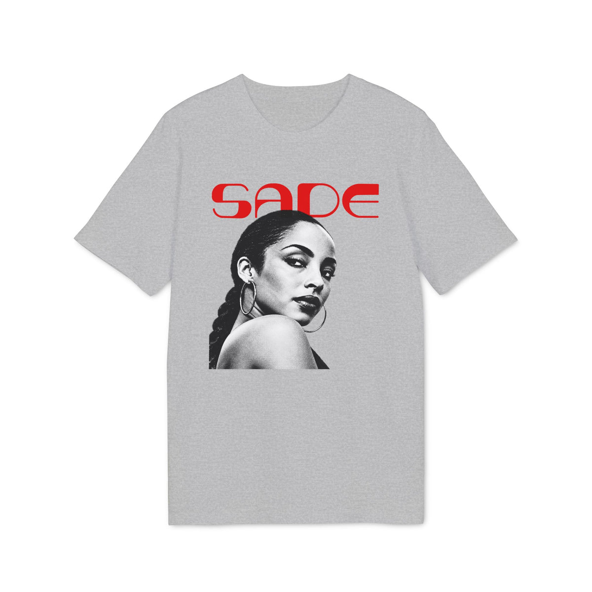 Grey short-sleeved t-shirt featuring a black and white portrait of Sade with red text above.