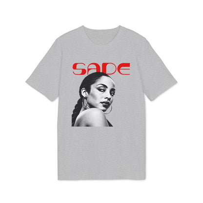 Grey short-sleeved t-shirt featuring a black and white portrait of Sade with red text above.