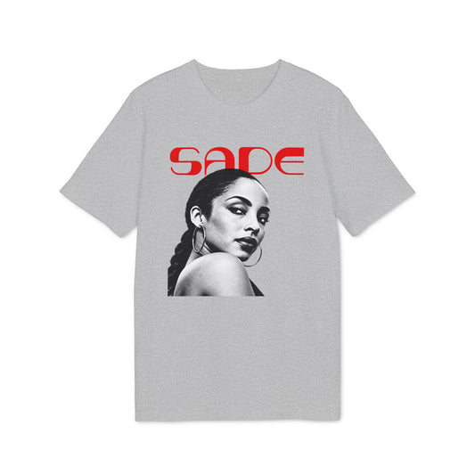 Grey short-sleeved t-shirt featuring a black and white portrait of Sade with red text above.