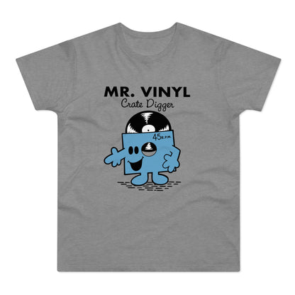 MR. VINYL Crate Digger cartoon character with vinyl record head on grey t-shirt.