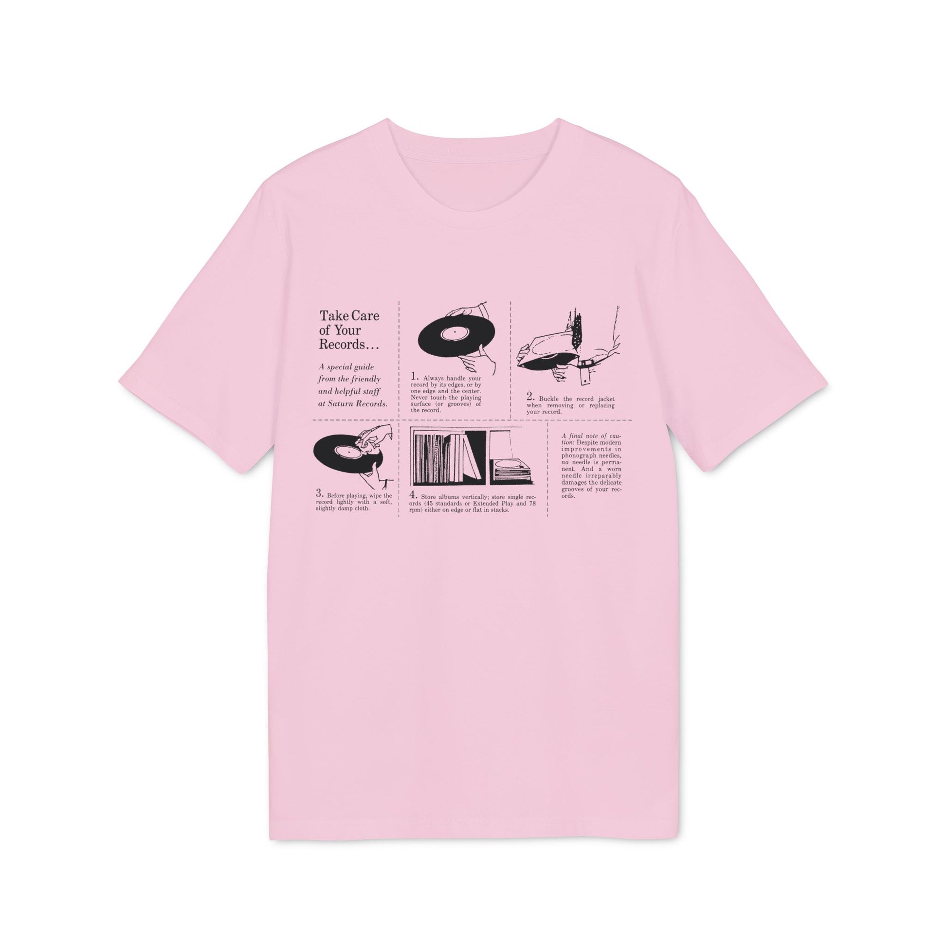 Graphic on pink t-shirt: "Take Care of Your Records..." with four illustrated tips.