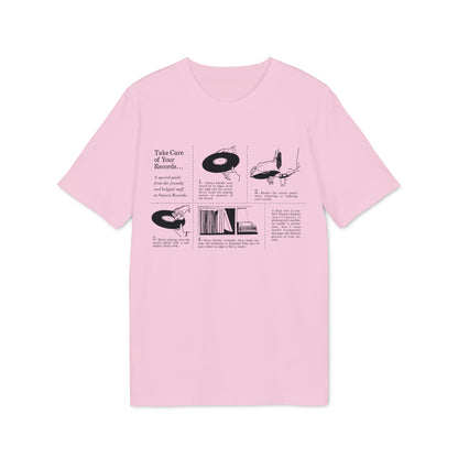 Graphic on pink t-shirt: "Take Care of Your Records..." with four illustrated tips.