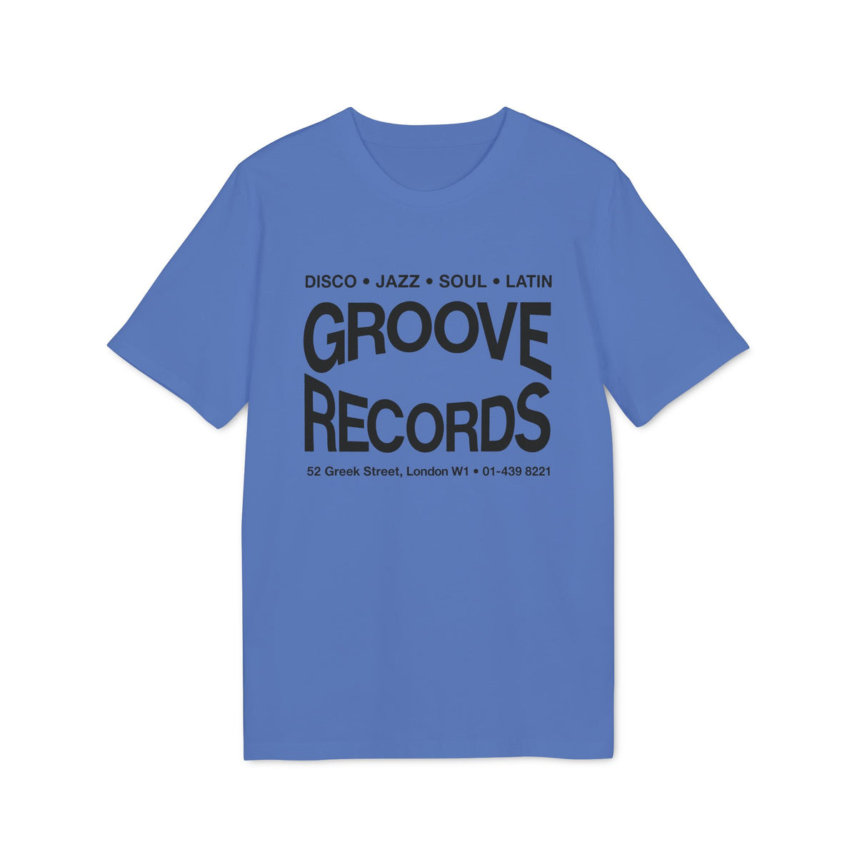 A blue short-sleeve t-shirt with black text on the chest that reads Groove Records.
