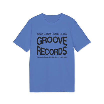 A blue short-sleeve t-shirt with black text on the chest that reads Groove Records.