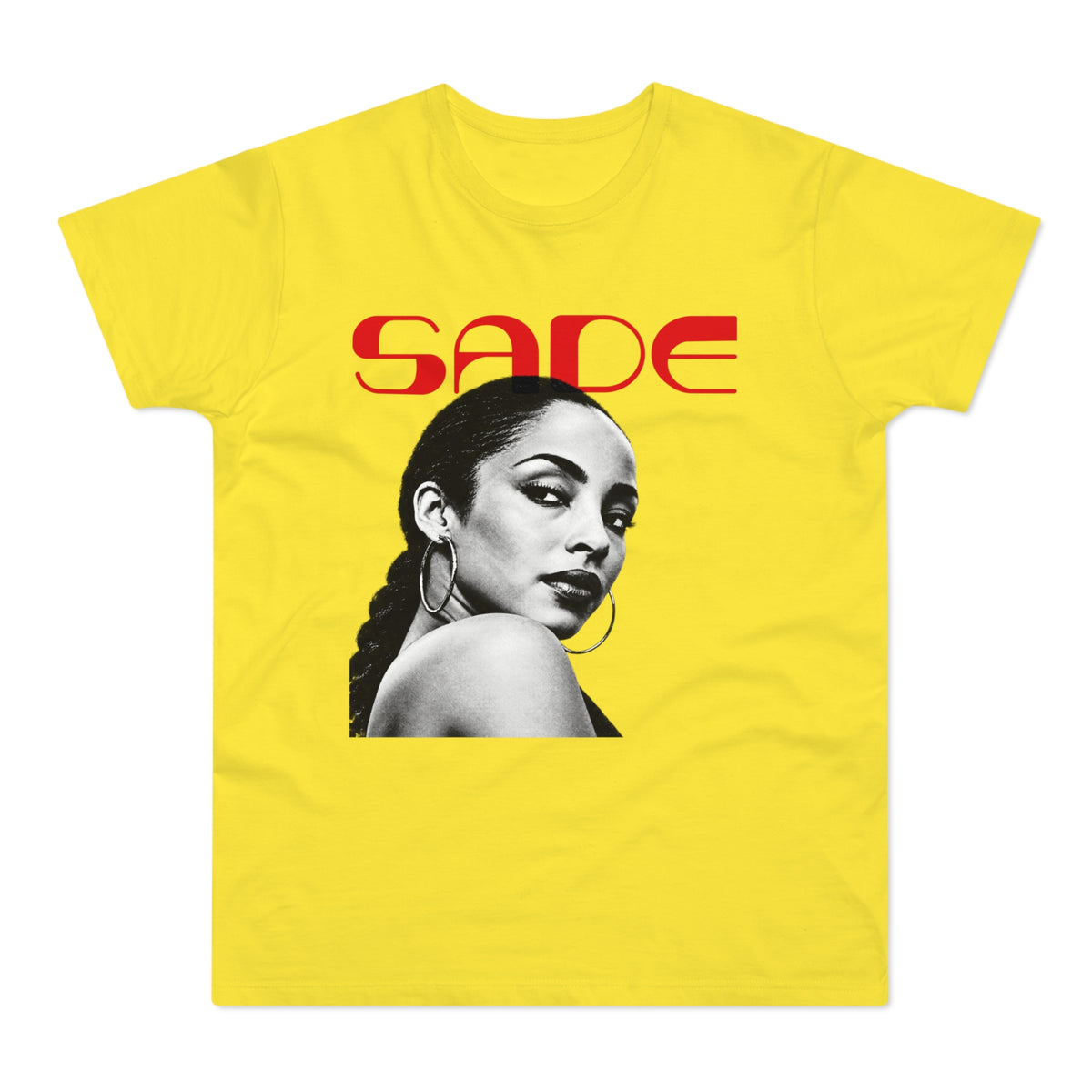 Bright yellow short-sleeve t-shirt featuring a black and white portrait of Sade with red text above it.