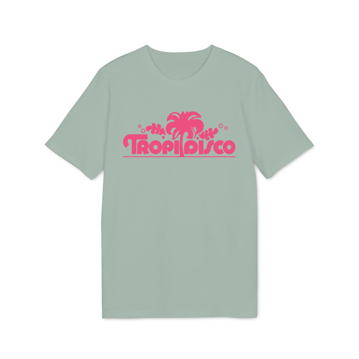 A sage green t-shirt featuring a pink graphic that reads Tropi Disco beneath a palm tree.