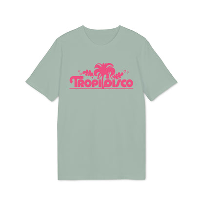 A sage green t-shirt featuring a pink graphic that reads Tropi Disco beneath a palm tree.