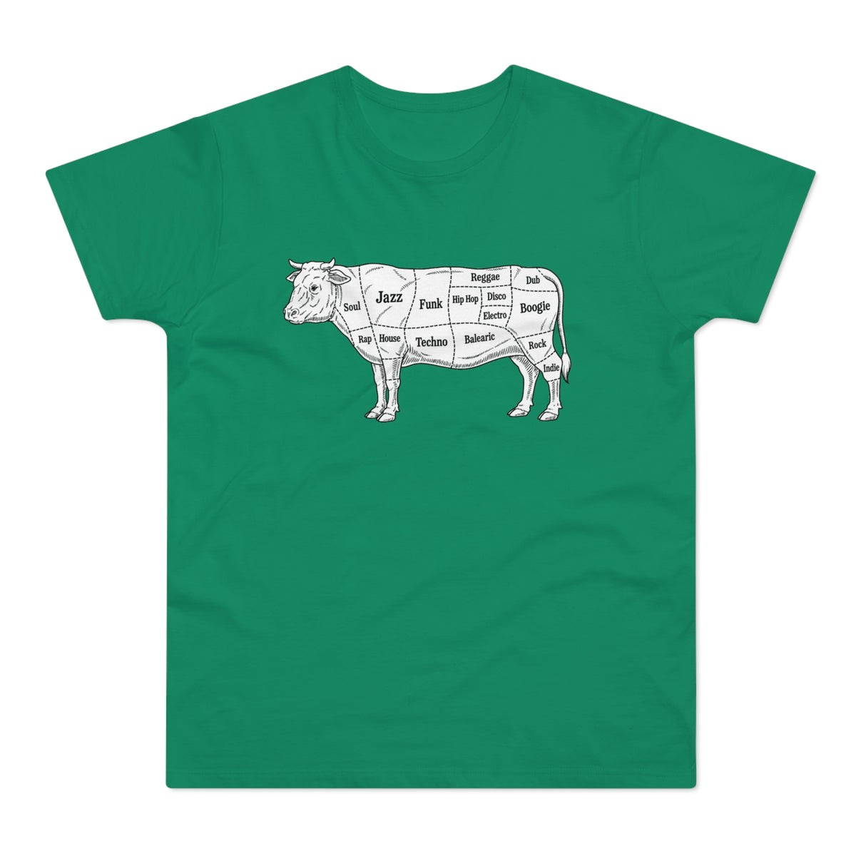 Green t-shirt with a diagram of a cow labeled with music genres.