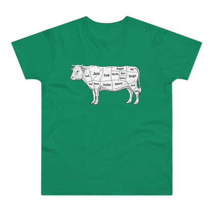 Green t-shirt with a diagram of a cow labeled with music genres.