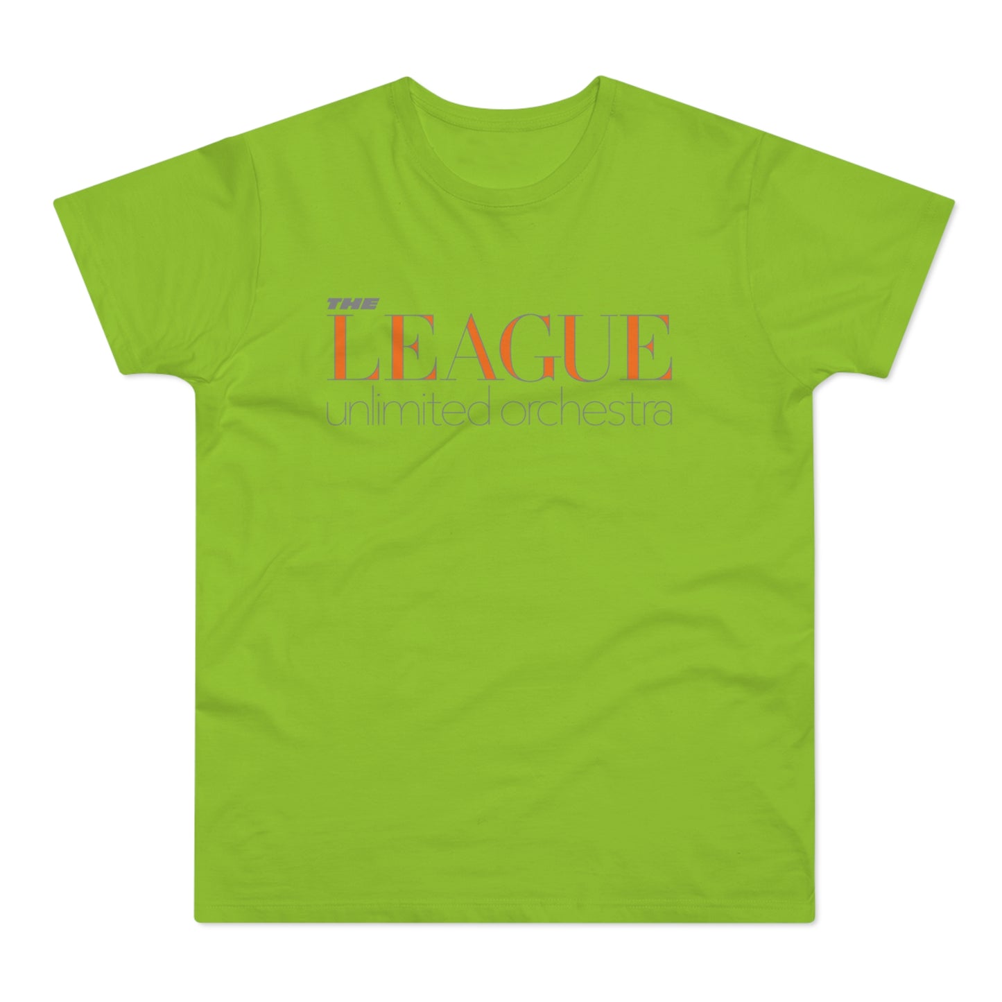 The League Unlimited Orchestra text in orange and purple on a lime green t-shirt.