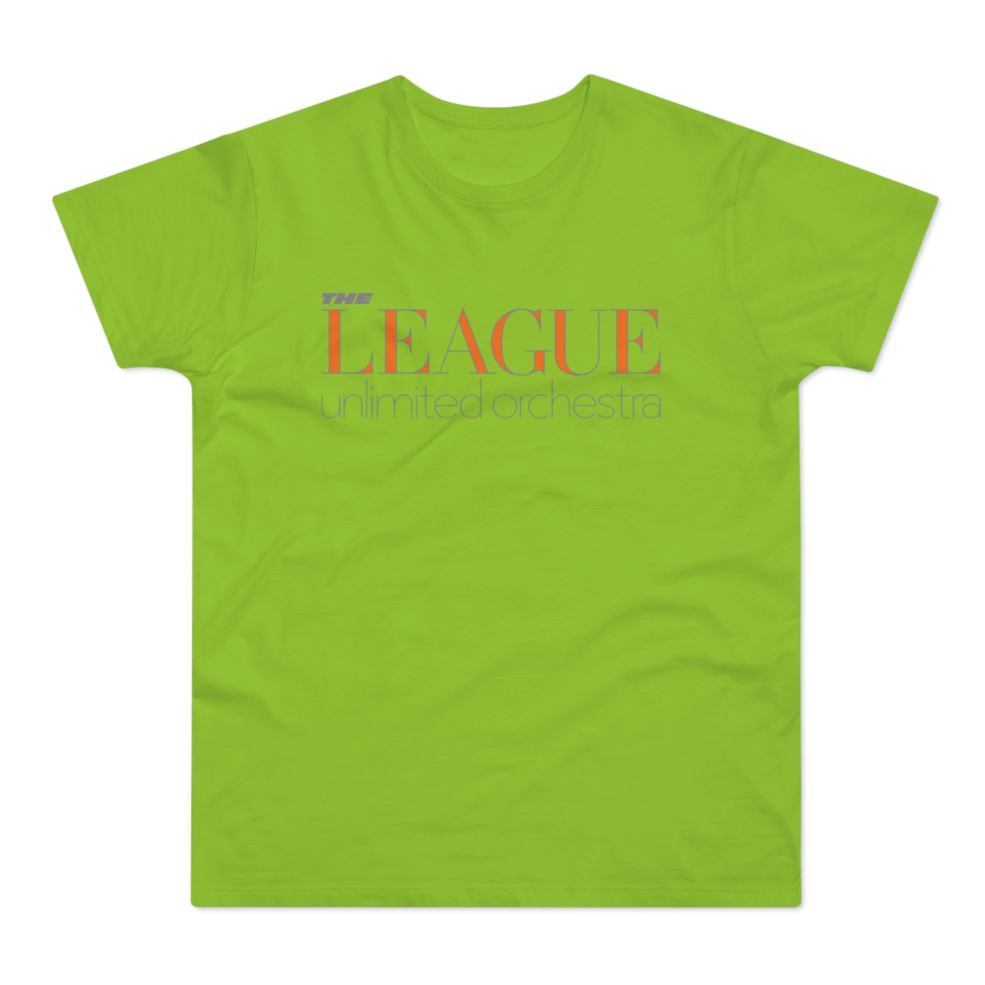 The League Unlimited Orchestra text in orange and purple on a lime green t-shirt.