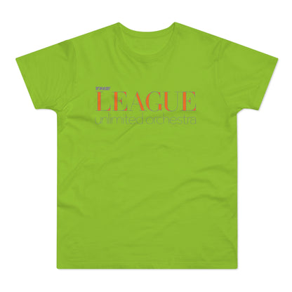 The League Unlimited Orchestra text in orange and purple on a lime green t-shirt.