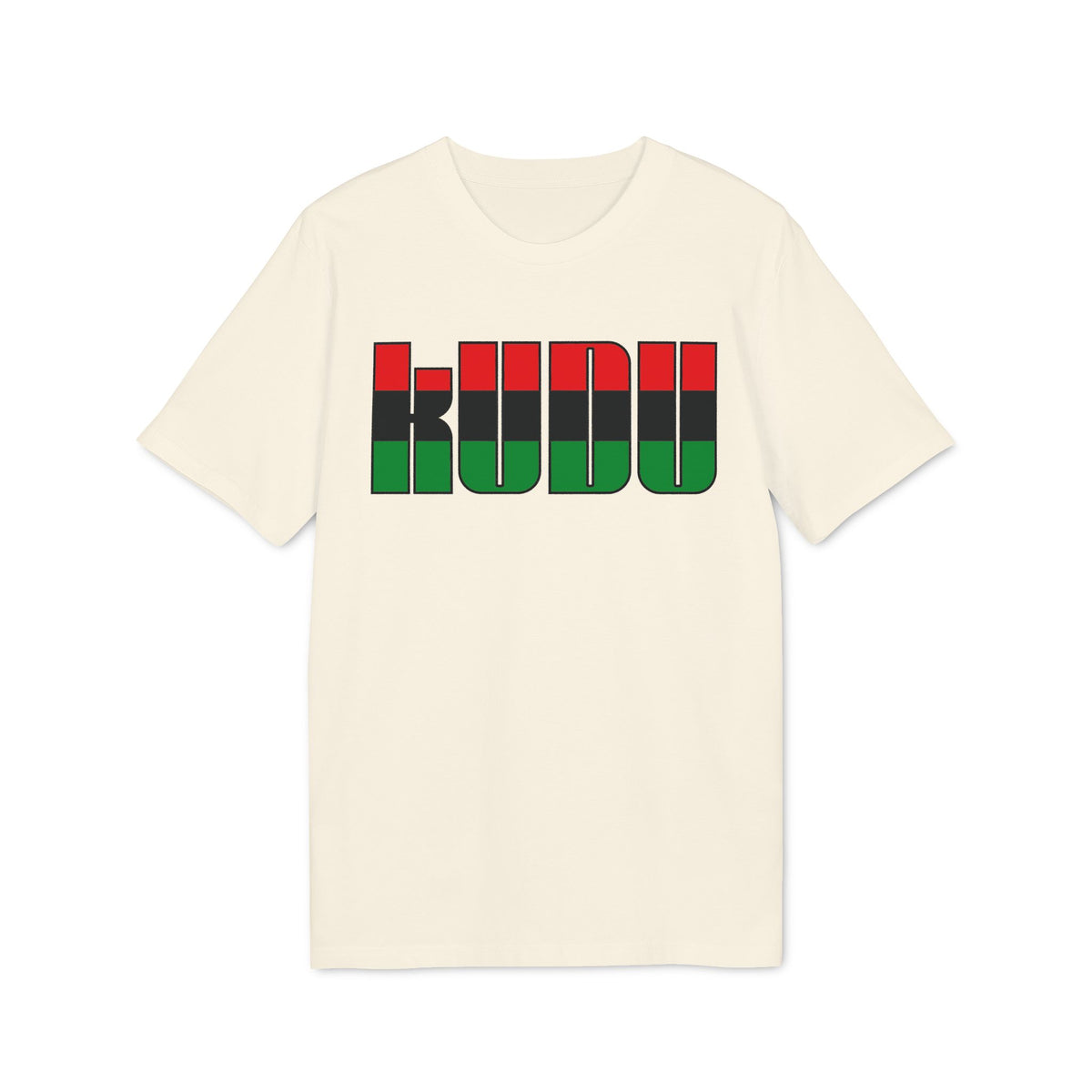 An off-white short-sleeve t-shirt with the word KUDU printed in red, black, and green.