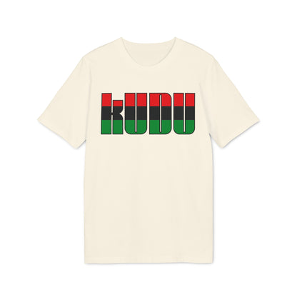An off-white short-sleeve t-shirt with the word KUDU printed in red, black, and green.