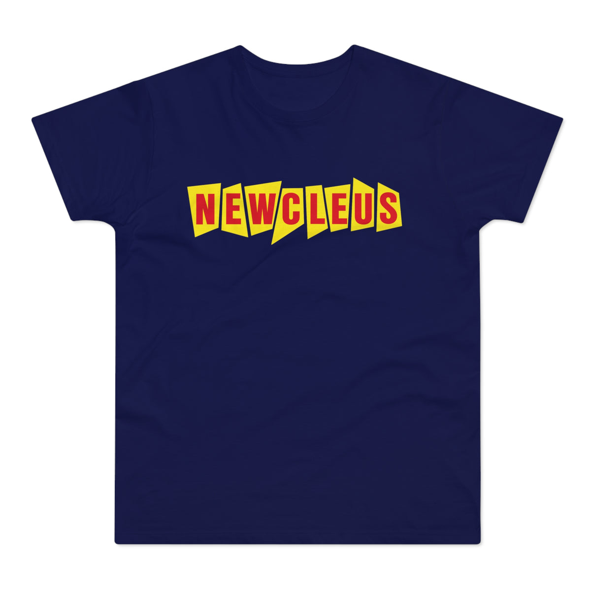 Dark blue t-shirt with yellow and red "NEWCLEUS" text.