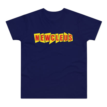 Dark blue t-shirt with yellow and red "NEWCLEUS" text.