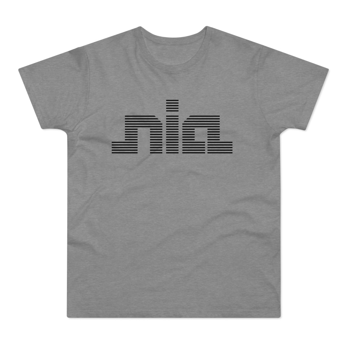 Grey t-shirt with black horizontal striped "nia" logo across chest