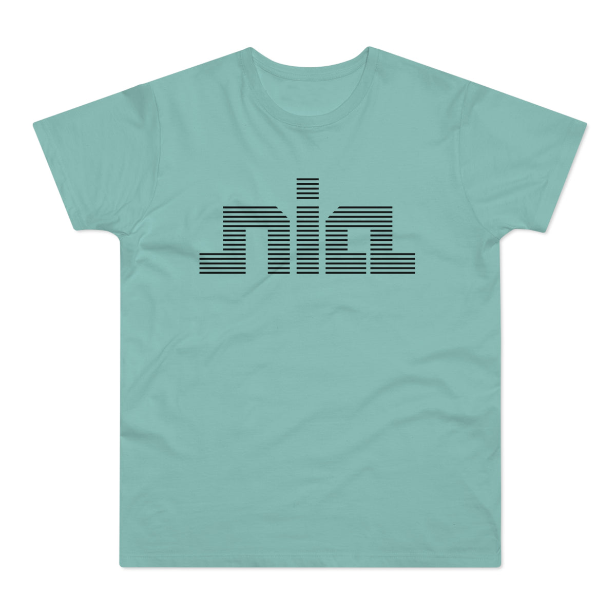 Teal t-shirt with black striped "nia" logo across the chest.