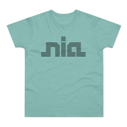 Teal t-shirt with black striped "nia" logo across the chest.