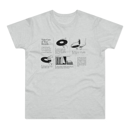 Guide to record care with four illustrated steps and caution text.