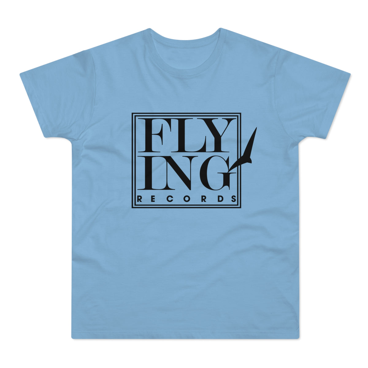 Light blue t-shirt with black "FLY ING RECORDS" logo and bird graphic.