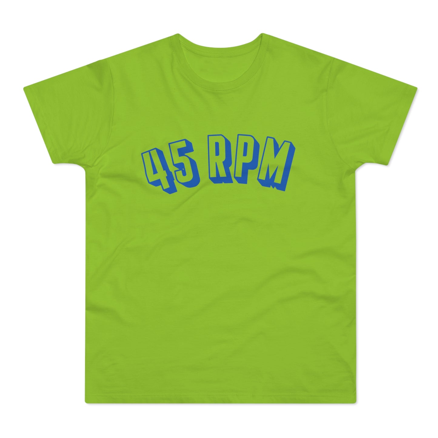 Lime green t-shirt with blue 45 RPM graphic
