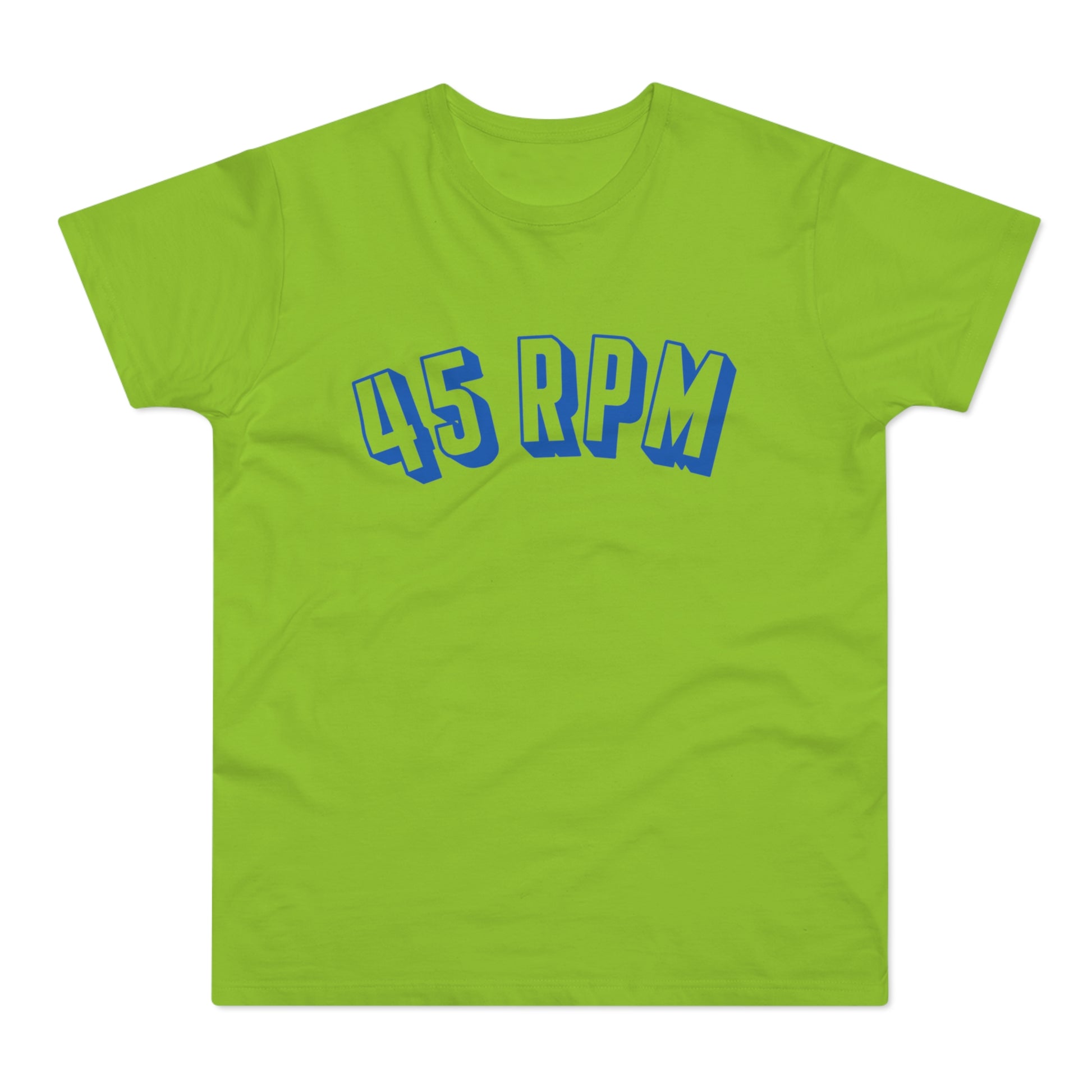 Lime green t-shirt with blue 45 RPM graphic