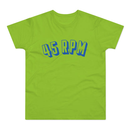 Lime green t-shirt with blue 45 RPM graphic