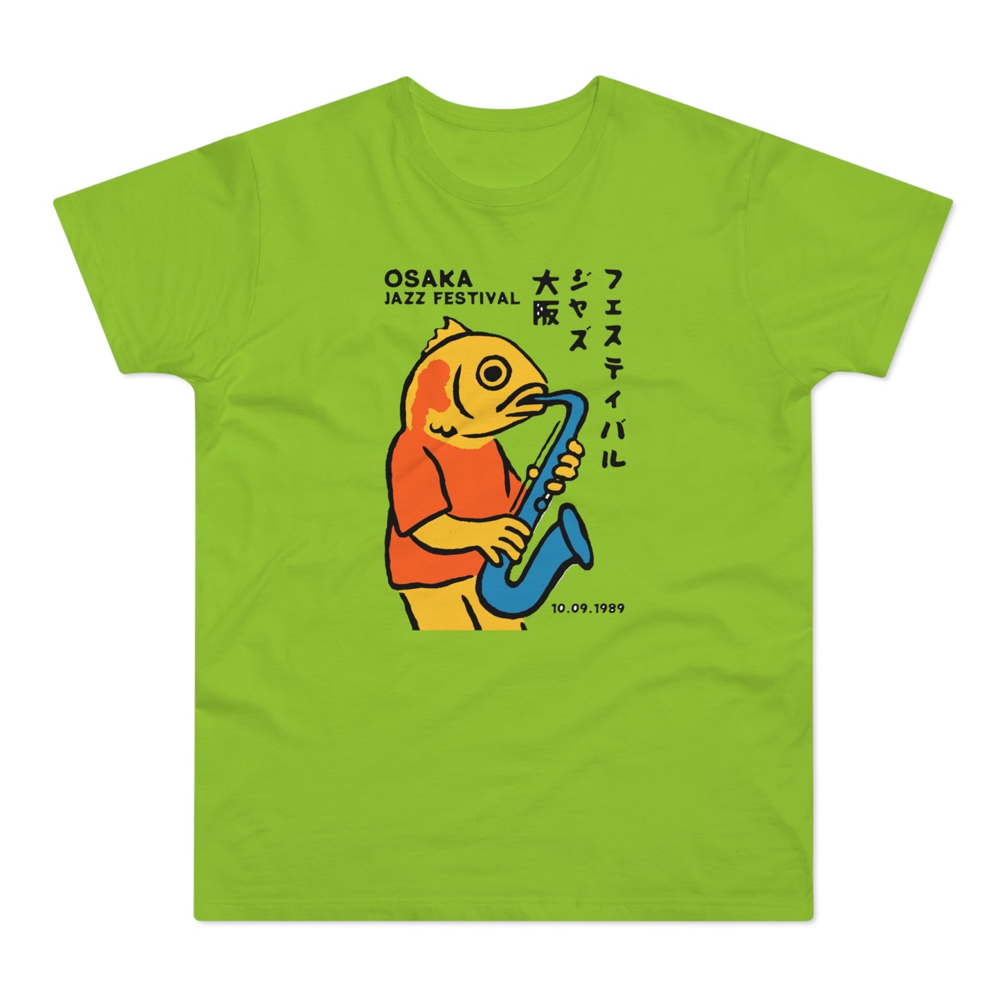 Cartoon fish playing saxophone with "OSAKA JAZZ FESTIVAL" text and "10.09.1989".