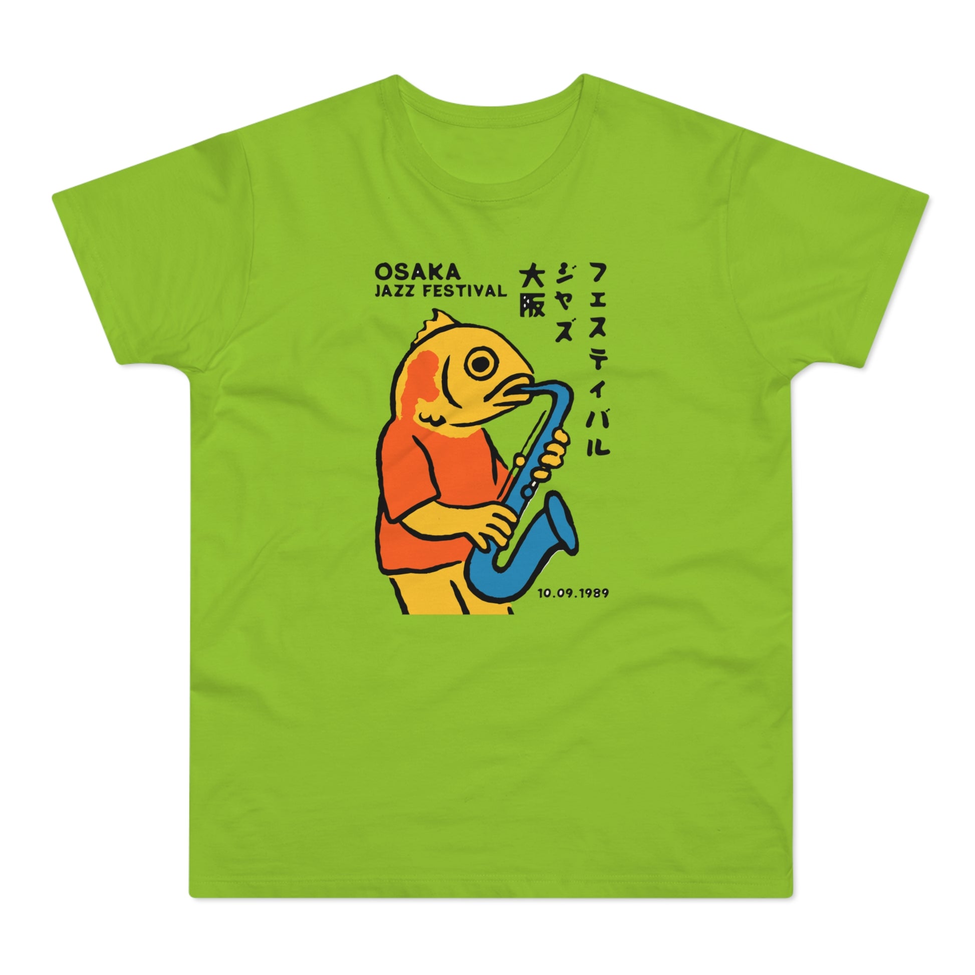 Cartoon fish playing saxophone with "OSAKA JAZZ FESTIVAL" text and "10.09.1989".