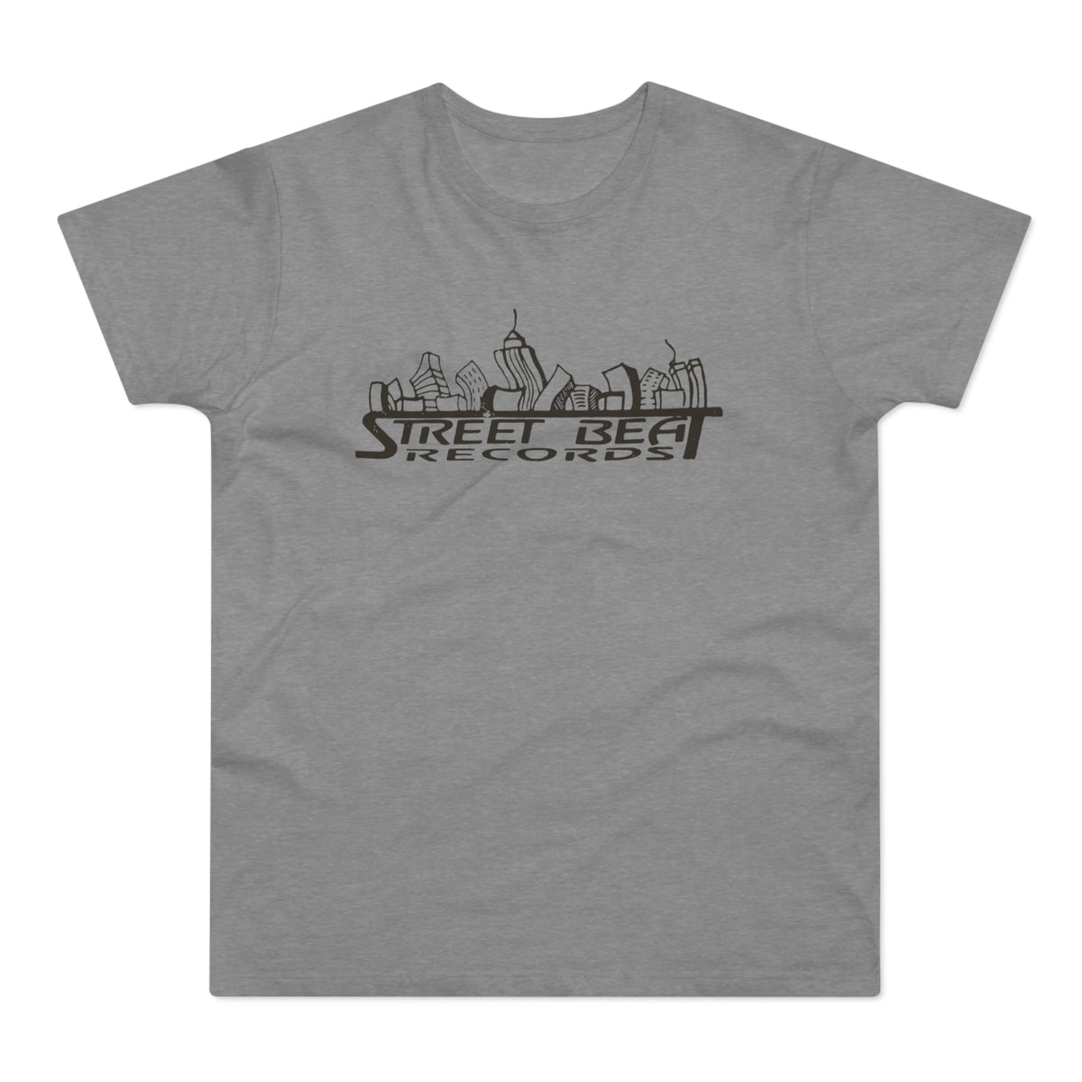 Grey t-shirt with black "Street Beat Records" text and cityscape logo.