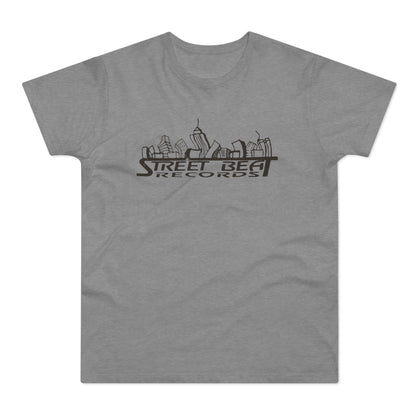 Grey t-shirt with black "Street Beat Records" text and cityscape logo.
