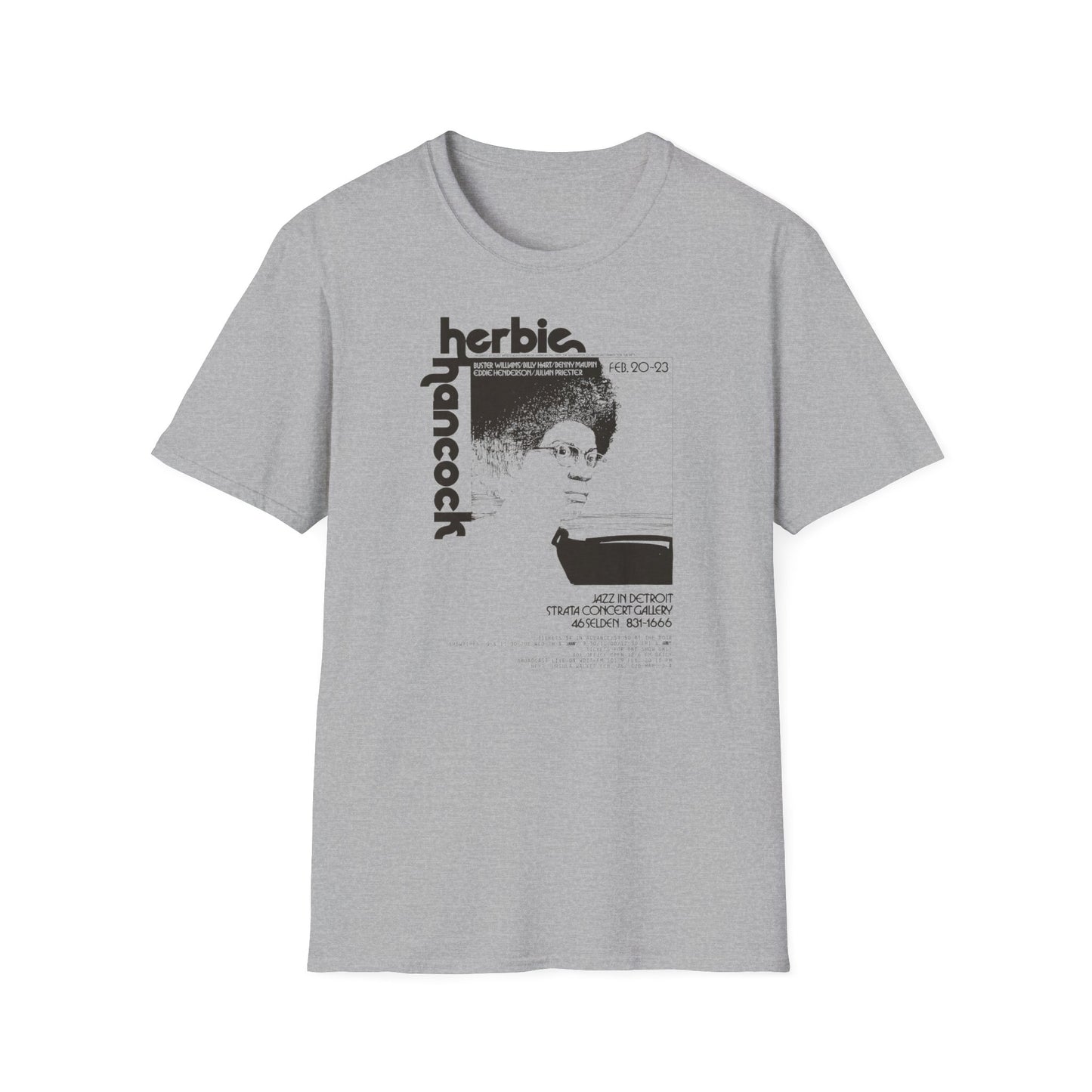 Gray t-shirt featuring "Herbie Hancock" text and a concert poster graphic.
