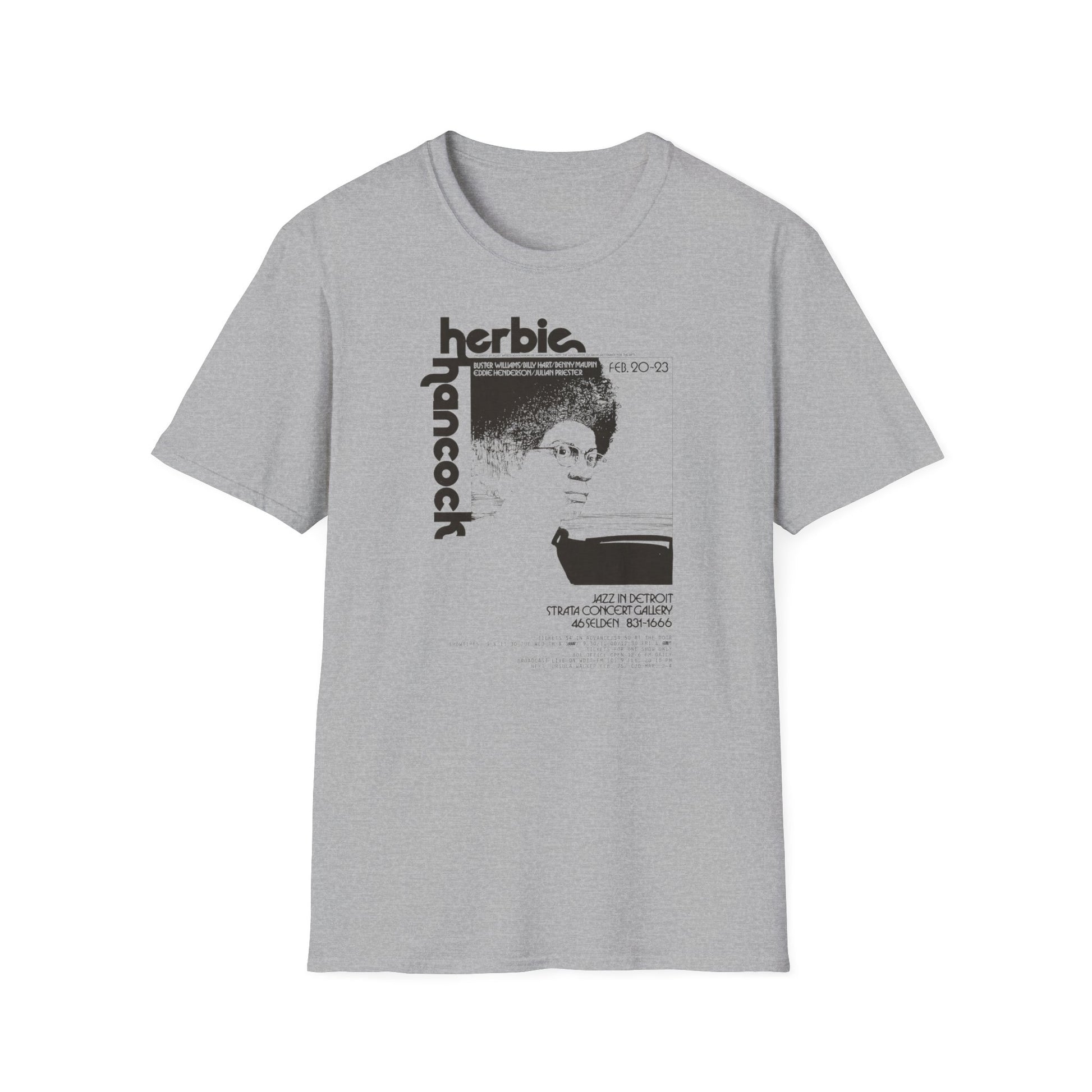 Gray t-shirt featuring "Herbie Hancock" text and a concert poster graphic.