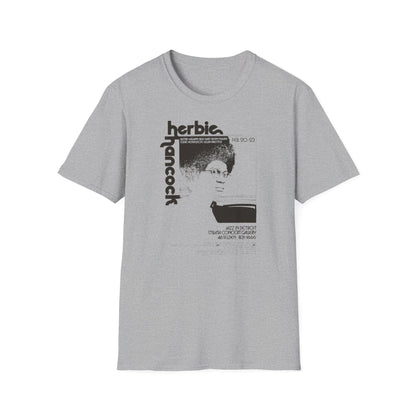 Gray t-shirt featuring "Herbie Hancock" text and a concert poster graphic.