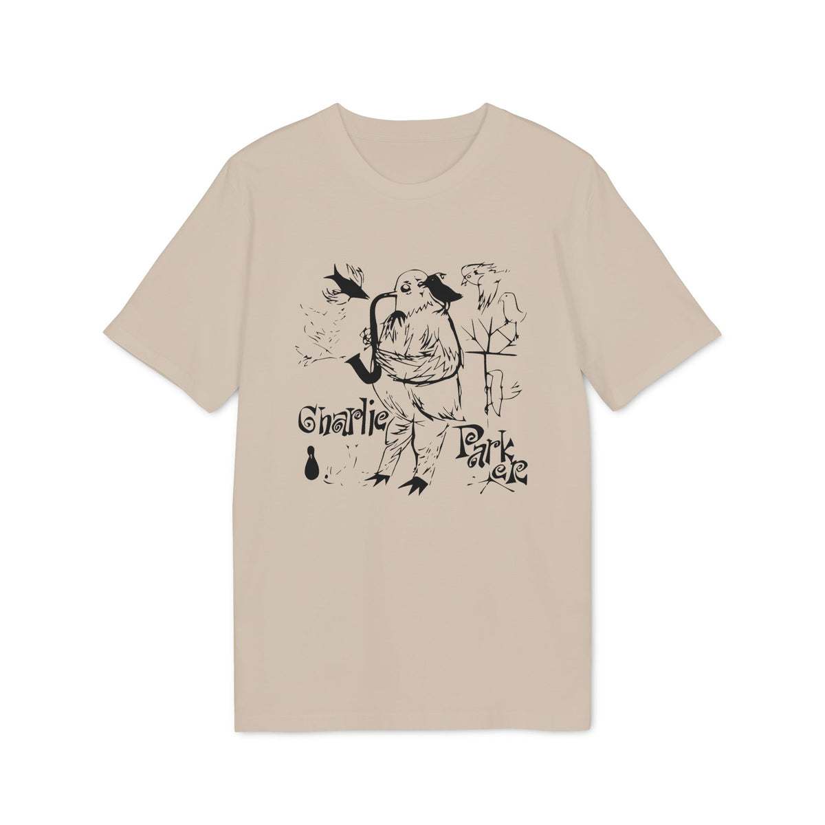 A beige t-shirt with a black line art graphic of a bird playing a saxophone and the text "Charlie Parker".