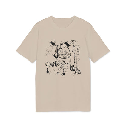 A beige t-shirt with a black line art graphic of a bird playing a saxophone and the text "Charlie Parker".