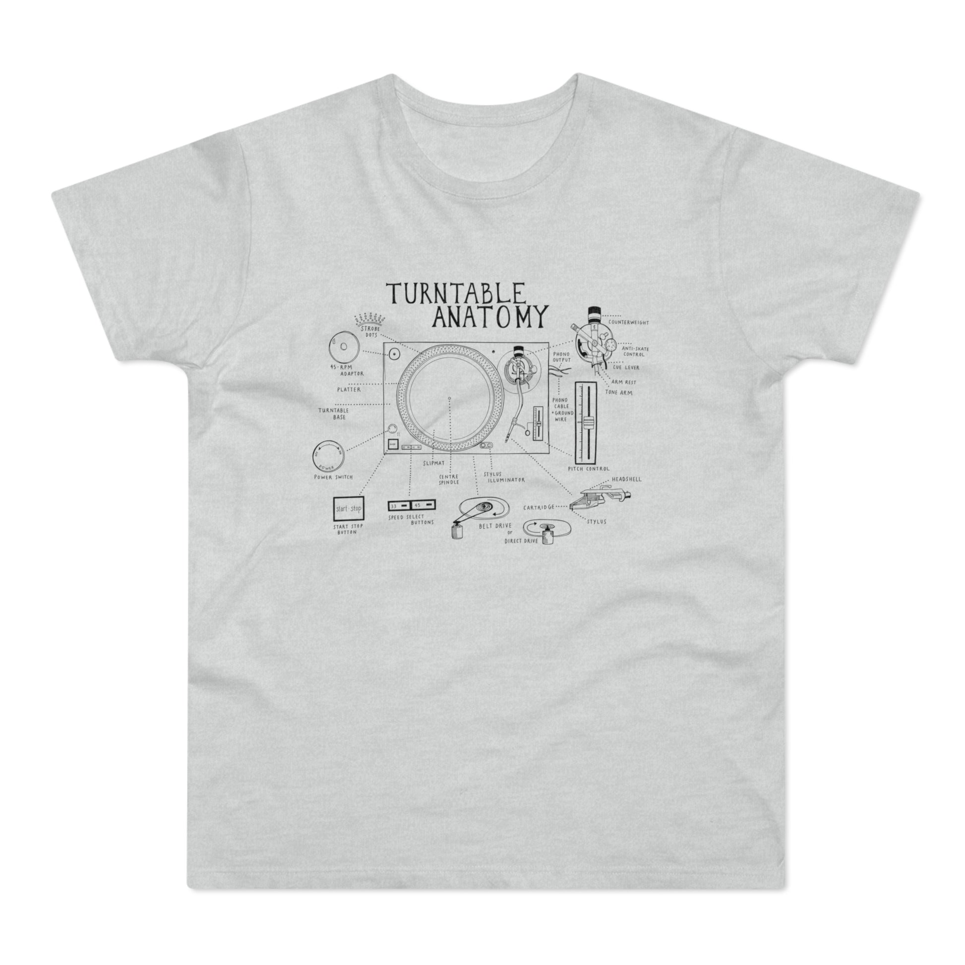 Diagram of turntable anatomy with labeled parts displayed on a grey t-shirt.