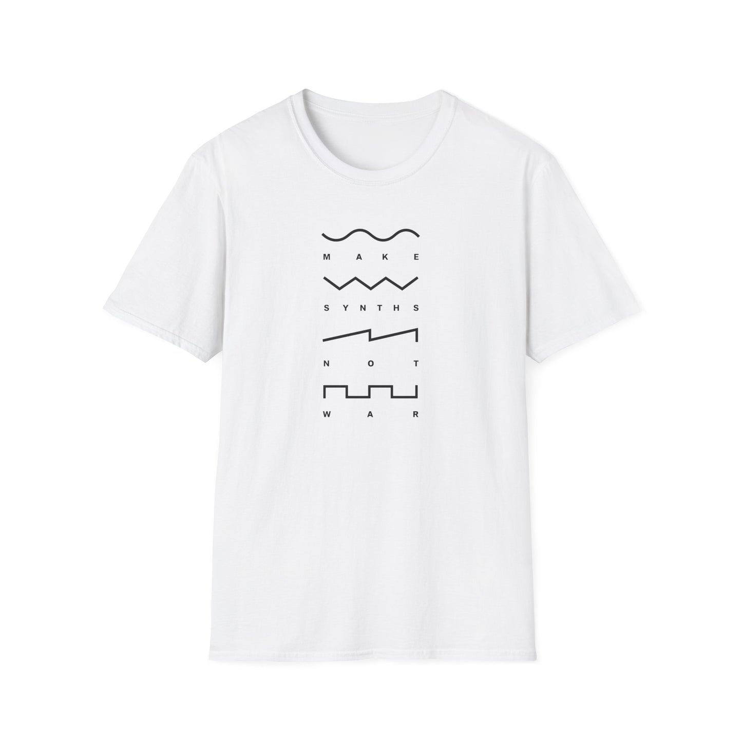 White t-shirt with black text and waveform graphics forming "MAKE SYNTHS NOT WAR".