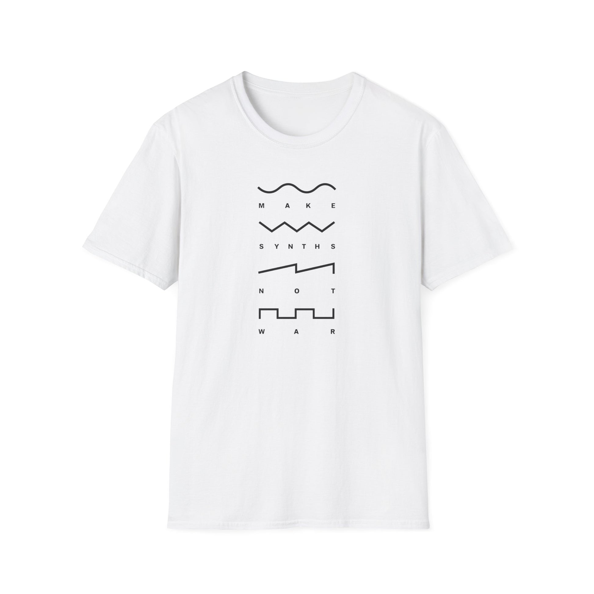White t-shirt with black text and waveform graphics forming "MAKE SYNTHS NOT WAR".