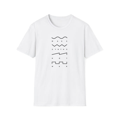 White t-shirt with black text and waveform graphics forming "MAKE SYNTHS NOT WAR".