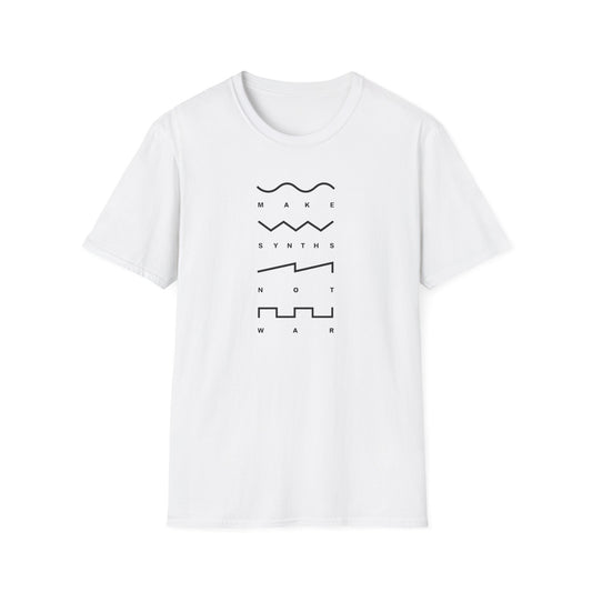 White t-shirt with black text and waveform graphics forming "MAKE SYNTHS NOT WAR".